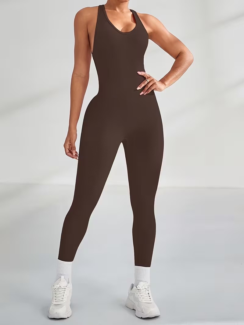 Women's Solid Ribbed Seamless Yoga Jumpsuit | Deep Brown Tank Top Active Bodysuit | Breathable Eco-Friendly Polyester Spandex