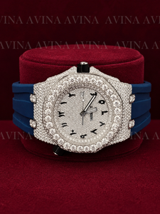 Reloj de Lujo con Diamantes Moissanite para Hombre, Esfera Árabe Completamente Adornada, Reloj Automático con Correa de Goma Azul, Reloj de Pulsera Estilo Hip Hop - Product Image 3