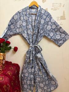 Bata Kimono Ligera de Algodón Floral con Cuello en V y Cordón Ajustable para Mujer, Transpirable, Suave, para Spa, Playa o Descanso - Product Image 1