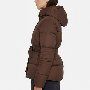 2027 <b>Women's</b> Brown Quilted Puffer Jacket <b>Winter</b> Stand Collar Wrap Tie Belt Long <b>Padded</b> <b>Coat</b> with Front Pocket - Product Image 2