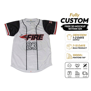 Maillot de softball personnalisé à 2 boutons, 100 % polyester, anti-bactérien, col en V, motif flamme à fines rayures blanc et noir sur le devant - Product Image 1