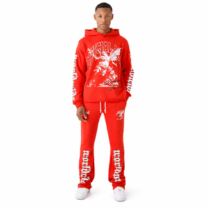 Conjunto Deportivo Rojo para Hombre con Capucha, Sudadera con Cierre Completo y Pantalones, Estampado Urbano, Ropa de Otoño - Product Image 1