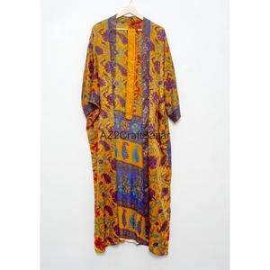 Boho Style <b>Plus</b> <b>Size</b> Casual Floral Breathable Silk V-neck Short Sleeve <b>Kimono</b> Robe Handmade Indian Patchwork Knee Length Autumn - Product Image 4