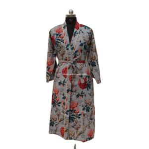 Wholesale Gray 100% Cotton Sleepwear <b>Long</b> Floral-Print <b>Nighty</b> Bath Robe Kimono-style Indian Print Gown for Summer - Product Image 1