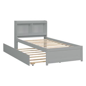 Lit double gris avec lit gigogne et bibliothèque, meubles multifonctionnels - Product Image 1