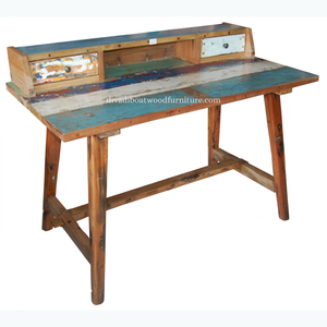 Bureau d'écriture DIVADI fait main en bois de bateau recyclé, style simple et minimaliste, écologique, antique, pour la maison ou le bureau, avec tiroirs - Product Image 2