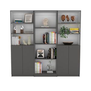 Set di Librerie Hialeah in 3 Pezzi, Grigio Opaco/Bianco, Larghezza 188 cm con 10 Ripiani e Due Armadi a Doppia Anta per Soggiorno - Product Image 2