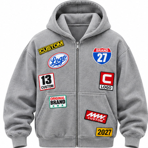 Sudadera con Capucha Oversize Personalizada Estilo Vintage Racing con Parches, Gráficos Multiemblema, Streetwear, Unisex, 100% Algodón - Product Image 1