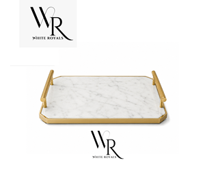 Plateau de service en marbre blanc avec poignée dorée pour la maison, l'hôtel et le restaurant, plateau de service alimentaire, personnalisation en gros disponible - Product Image 1
