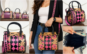 High Quality Luxury Fashion Hand Tooled Leather <b>Small</b> Speedy <b>Bag</b> Lightweight Pink & <b>Black</b> Checkered Travel Duffle <b>Bag</b> for Unisex - Product Image 3
