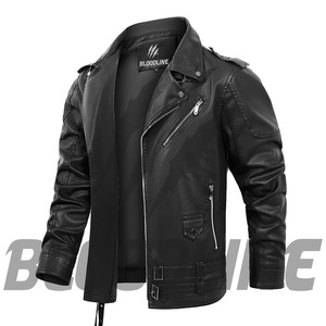 Blouson moto en cuir PU noir pour homme BLOODLINE, coupe ajustée, fermeture éclair, col rabattable, pour l'automne - Product Image 1