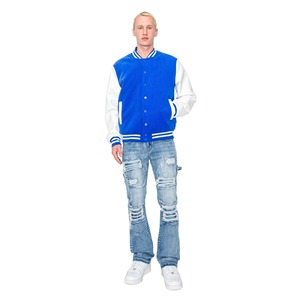 <b>Men's</b> Blue <b>White</b> Varsity <b>Jacket</b> Regular Fit Solid Color Button Front Casual Style Autumn Wear For <b>Men</b> - Product Image 5