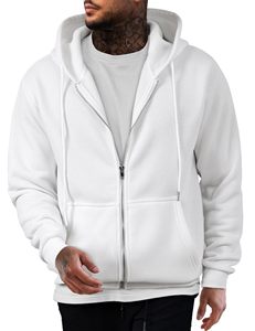 Sweat-shirt à capuche unisexe blanc avec fermeture éclair, en molleton, coupe classique, couleur unie, style hip-hop, pour l'hiver, 100% coton, avec poche - Product Image 1
