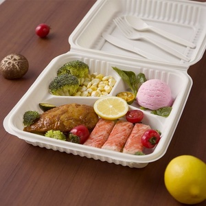 Boîte de préparation de repas biodégradable en bagasse de canne à sucre, 3 compartiments, plateau alimentaire personnalisable, couvercle transparent hermétique, restaurants, hôtels - Product Image 1