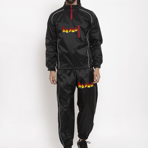 Ensemble de survêtement sportif noir pour homme avec logo Flame imprimé, veste à col zippé et pantalon, vêtements d'automne 100% polyester - Product Image 1