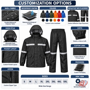 Maßgefertigter Schwarzer Reflektierender Sturm-Wasserdichter Regenanzug mit Kapuzenjacke und Hose, Reflektierende Outdoor-Arbeitskleidung, Wetterschutz-Lieferant - Product Image 4
