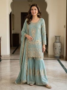 Conjunto Sharara de Georgette, Hermoso y Elegante, Estilo Indio-Pakistaní, para Fiestas, Bodas y Uso Diario, para Mujeres y Niñas - Product Image 5