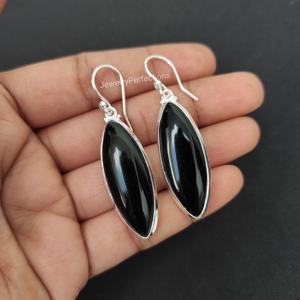 Stylish 925 Sterling Silver Bohemian Style Black <b>Onyx</b> Long Dangle <b>Earrings</b> Women's Marquise Shape Wedding Party Jewelry - Product Image 5