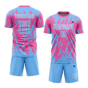 Maillot de football personnalisé sublimé rose et bleu, nom de l'équipe 00, unisexe, col rond, manches courtes, coupe athlétique, évacuation de l'humidité - Product Image 6