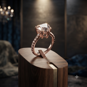 Anillo de compromiso de oro rosa con diamante de laboratorio talla corazón y halo oculto, banda pavé de tallo dividido - Product Image 1