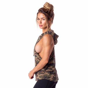 Wholesale Camouflage Printed Hooded Tank <b>Top</b> Ladies Workout Wear Stringer Hood Ladies Fitness Wear Sleeveless Polyester Hoodie - Product Image 3