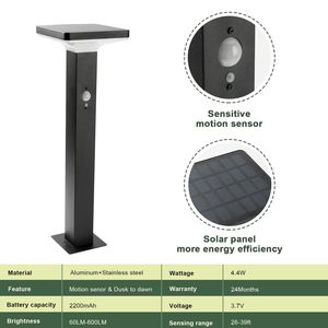 Wireless 2218 Solar Bollard Path <b>Light</b> <b>Motion</b> <b>Sensor</b> Dusk to Dawn Landscape and Driveway <b>Light</b> - Product Image 6
