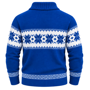 Suéter de punto azul Fair Isle para hombre, estilo casual, 12GG, jacquard frontal, jersey de otoño, venta al por mayor, prendas de punto personalizadas - Product Image 2