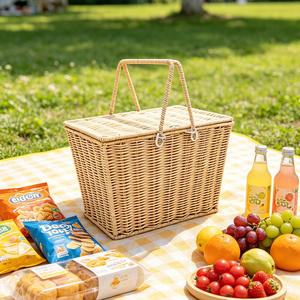 Cesta de Picnic Rectangular de Mimbre con Tapa, Asas Plegables Dobles, Cesta de Almacenamiento de Alimentos y Vino Tejida a Mano para Acampar al Aire Libre - Product Image 2
