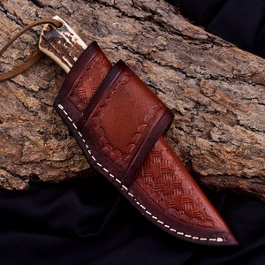 Couteau utilitaire à lame fixe en acier raspé avec étui en cuir horizontal, manche pleine longueur pour la chasse et le camping, manche en bois de cerf naturel de qualité supérieure - Product Image 5