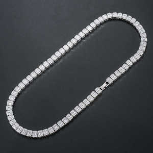 Luxury Iced Out Baguette Tennis Hip Hop Chain White Gold Finish <b>Statement</b> <b>Necklace</b> for Men Women Premium Fashion Jewelry - Product Image 2