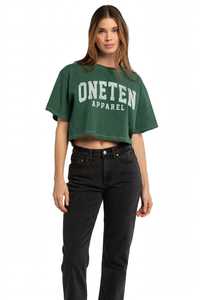 ONETEN APPAREL Camiseta corta para mujer con estampado de letras verdes, corte holgado, informal, manga corta, cuello redondo, top de algodón tipo jersey - Product Image 4