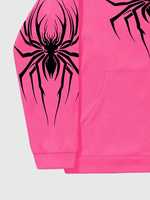 Sweat à capuche zippé surdimensionné rose personnalisé avec motif araignée, style streetwear, sweat à capuche personnalisé avec toile d'araignée, zippé