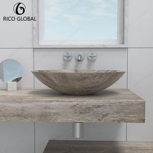 Lavabo en travertin RICO GLOBAL, poli, en pierre naturelle, à poser au mur, design minimaliste pour salle de bain - Product Image 2