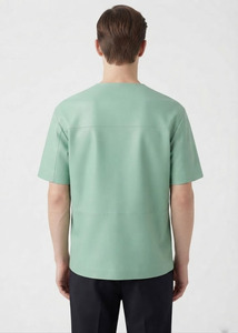 T-shirt en cuir pour homme avec logo personnalisé, col en V, fermeture éclair sur le devant, tissu extensible en PU, streetwear tendance, manches courtes - Product Image 2