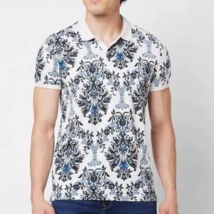 เสื้อยืดพรีเมียมสำหรับผู้ชาย พิมพ์ลายด้านหน้า สีขาว-น้ำเงิน แขนสั้น ผ้าฝ้ายถัก ระบายอากาศได้ดี เหมาะสำหรับใส่เล่นกอล์ฟหรือใส่ลำลองในฤดูร้อน - Product Image 1