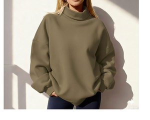 Sweat-shirt col montant en molleton de coton épais respirant pour femme, avec broderie appliquée du logo sur le devant, style décontracté et épaules tombantes - Product Image 1