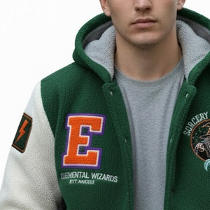 Solid Color Front Logo Quick Dry & Windproof Men <b>Fleece</b> Varsity <b>Jackets</b> High Street Style <b>Fleece</b> Varsity <b>Hooded</b> <b>Jacket</b> for Men- - Product Image 4