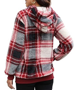 <b>Women's</b> <b>Red</b> Plaid Flannel Sherpa <b>Hoodie</b> Casual Long Sleeve Pullover with Kangaroo Pocket - Product Image 4