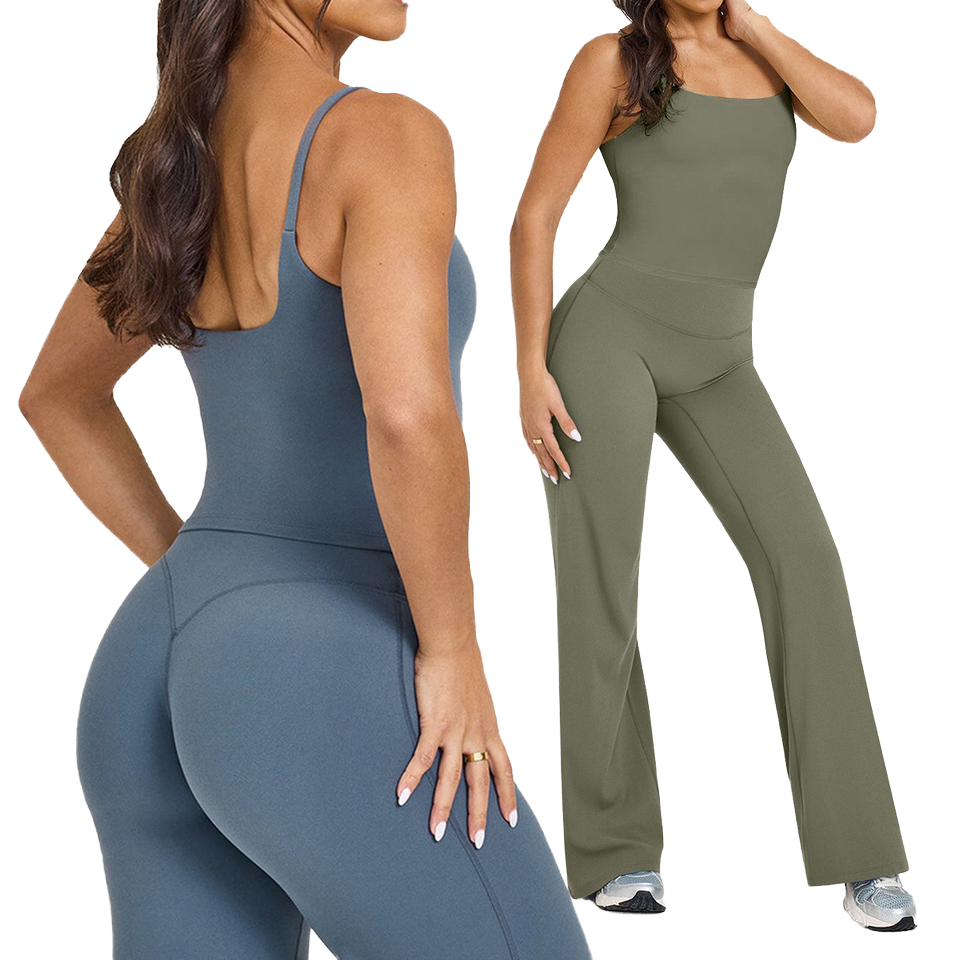 Solid Fashionable Crew Neck Chest Pad Gathered Sleeveless Female Sports 2-Piece Set Mid Waist Butt Lift Loose Long Yoga Women