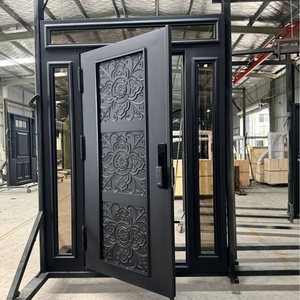 Royal Luxury Traditional Wrought Iron Entry Door Geometric Glass Panels Arched Design <b>Swing</b> Style Water Resistant Exterior Door - Product Image 2