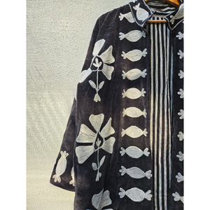 Black Velvet Embroidered Long Jacket Floral Pattern <b>Open</b> Front Women Vintage casual Outerwear Vintage Casual Coat gift for her - Product Image 2