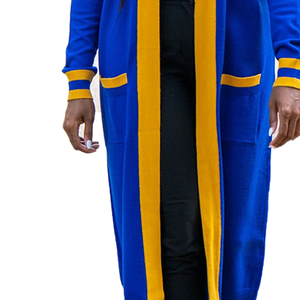 Cardigan long en laine/cachemire bleu roi et or SGRho, tricoté pour l'hiver, avec poches et poignets rayés, design royal à ouverture frontale - Product Image 5