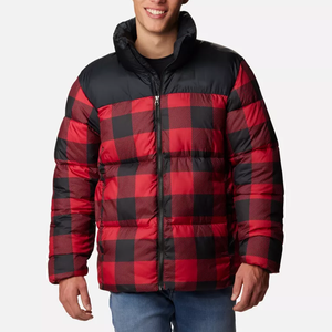 Men's Red Black Plaid Canvas Puffer Jacket Hooded Stand Collar Zipper Closure Windproof Casual Winter Thick Polyester Front - Product Image 1