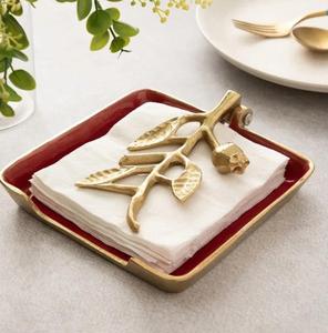 Porte-serviettes en céramique moderne avec design feuille d'or, plateau rouge pour la décoration de table - Product Image 1