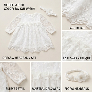 <b>White</b> Lace Embroidered A-Line <b>Dress</b> with Long Sleeves Floral Pattern for Girls <b>Size</b> S-XL Plus Headband - Product Image 2