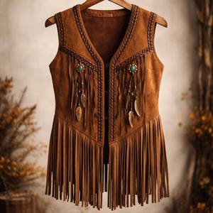 Chaleco de Mujer Vintage de Cuero Genuino con Parches y Flecos, Sin Mangas, con Ribete Trenzado y Borlas, Ajustado, Ecológico y Cortavientos - Product Image 1
