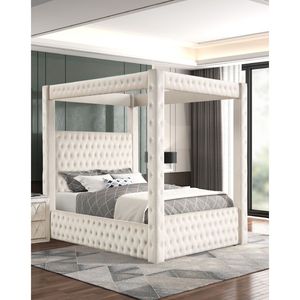 Letto a baldacchino matrimoniale moderno e maestoso con testiera e pediera trapuntate, 1 pz, in velluto avorio ricco, mobili per camera da letto, letto imbottito - Product Image 1