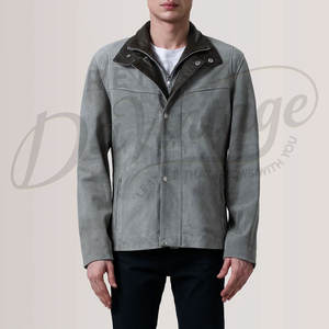 Veste en daim gris pour homme de qualité supérieure, col en cuir marron contrastant, coupe ajustée, style urbain, veste décontractée en daim - Product Image 2