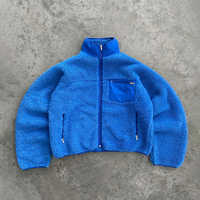 Veste en polaire sherpa de luxe, personnalisée, bleu, avec logo en fourrure peluche sur le devant, fermeture éclair, vêtement d'extérieur tendance pour l'hiver