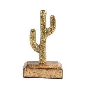 L 7.11 x W 4.06 x H 12.19 cm Gold Plated Cactus Sculpture On Wooden Base Handmade Bohemian Tabletop Decor Living Room Art <b>Figure</b> - Product Image 1